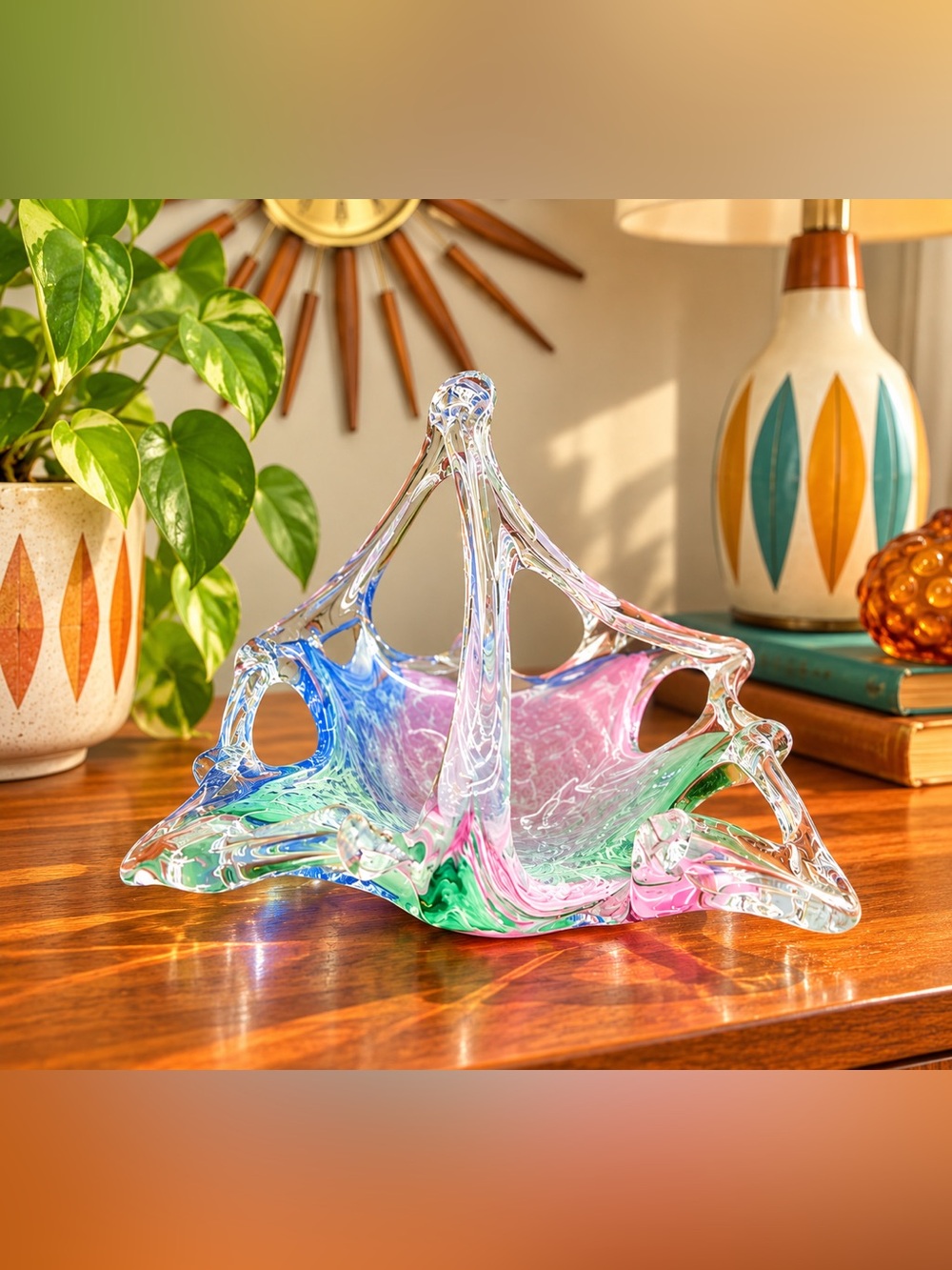 Vintage Murano Art Glass Hand blown Basket pastel retro MCM